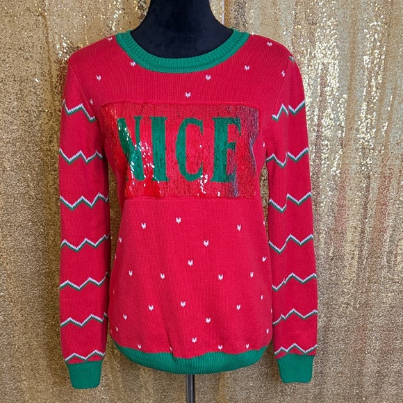 Naughty or nice sequin ugly Christmas sweater knit material - Picture 1 of 8